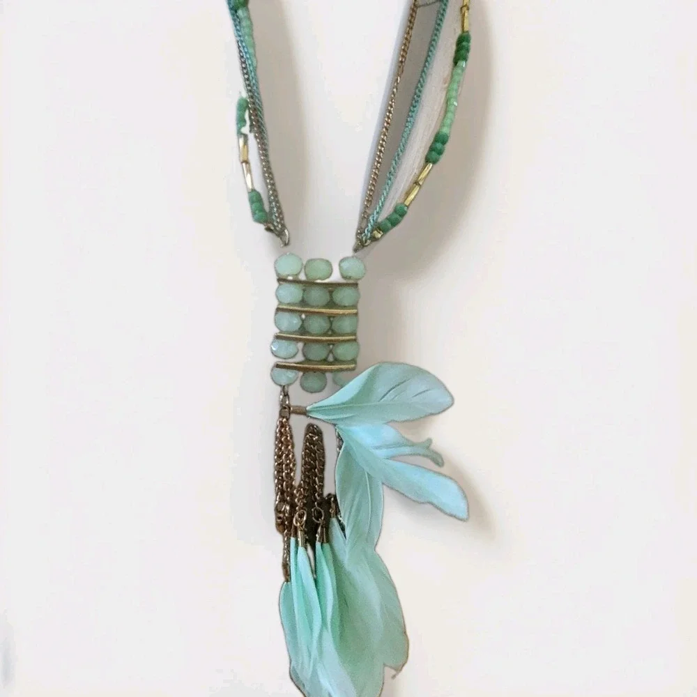 Vintage Mint Feather Necklace Multi Strand Boho Statement 31 Inch